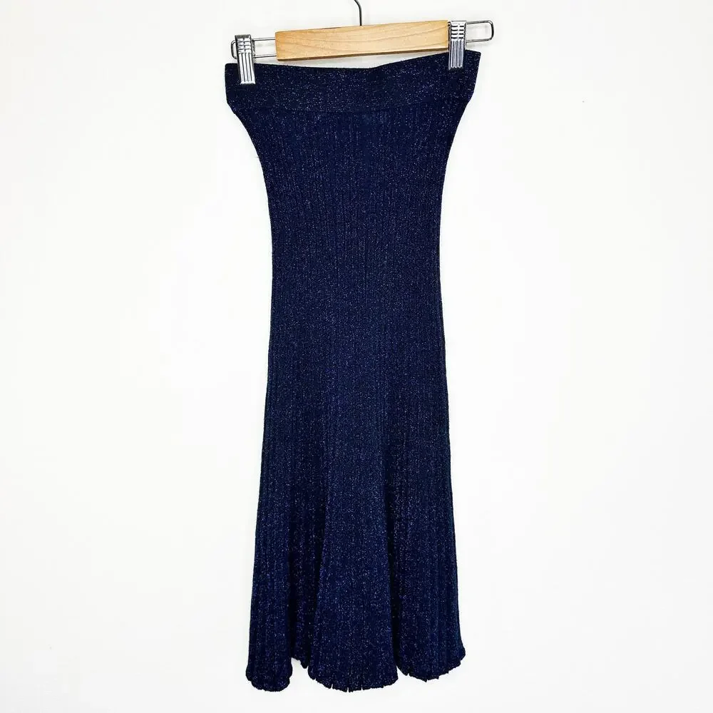 & Other Stories Glittery Pleated Rib Knit Midnight Navy Blue Sheer Midi Skirt XS